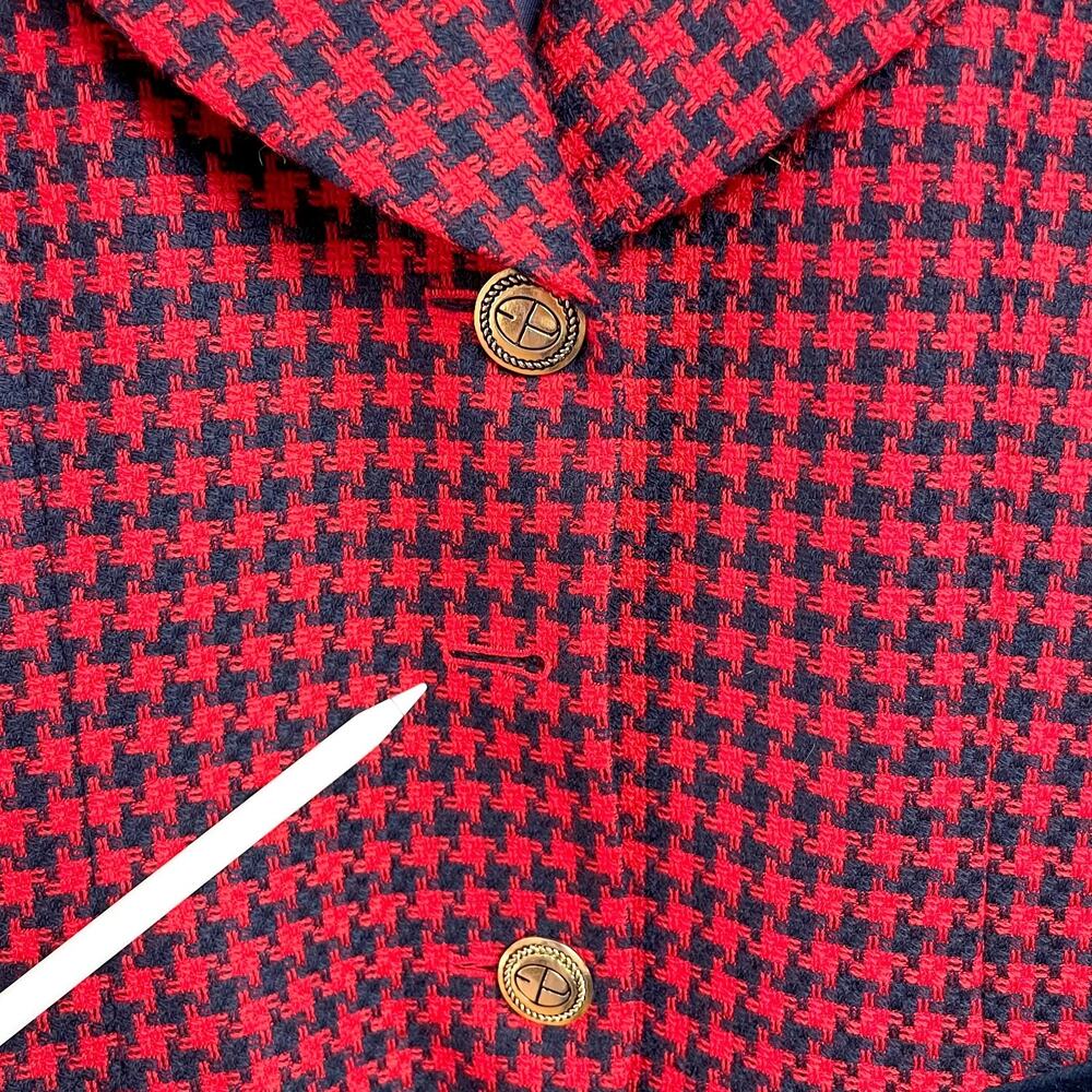 Vintage 90s Evan Picone Houndstooth Wool Blazer Medium Red Plaid Old Money - Picture 9 of 11